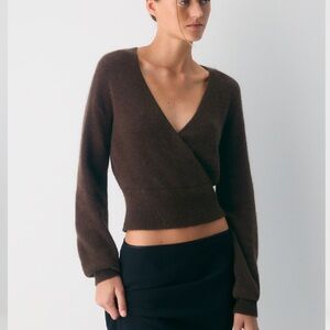 Aritzia Wilfred Deep Brown V-Neck Wrap Sweater